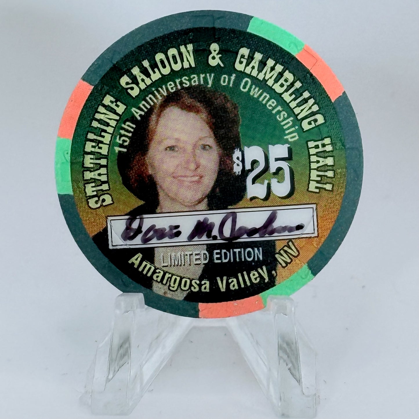 Stateline Saloon Amargosa Valley Nevada 1997 'Doris Jackson - Autographed' LE $25 Casino Chip V1596