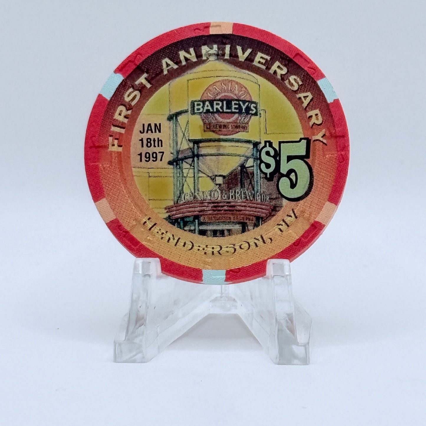 Barley's Casino & Brewing Henderson Nevada 1997 'First Anniversary' LE $5 Casino Chip N7990
