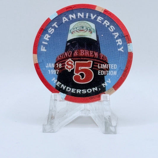 Barley's Casino & Brewing Henderson Nevada 1997 'First Anniversary' LE $5 Casino Chip N7991