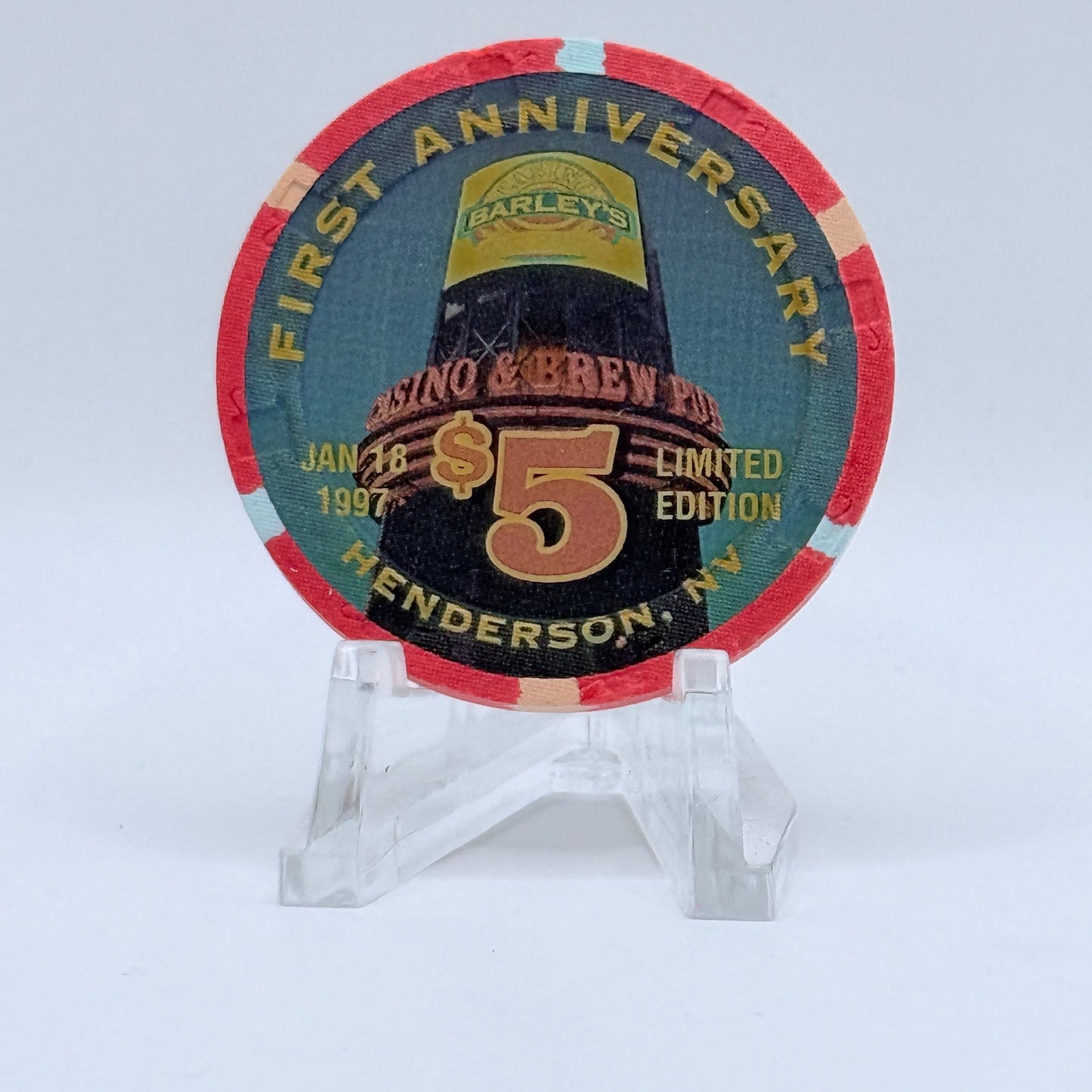 Barley's Casino & Brewing Henderson Nevada 1997 'First Anniversary' LE $5 Casino Chip N7991