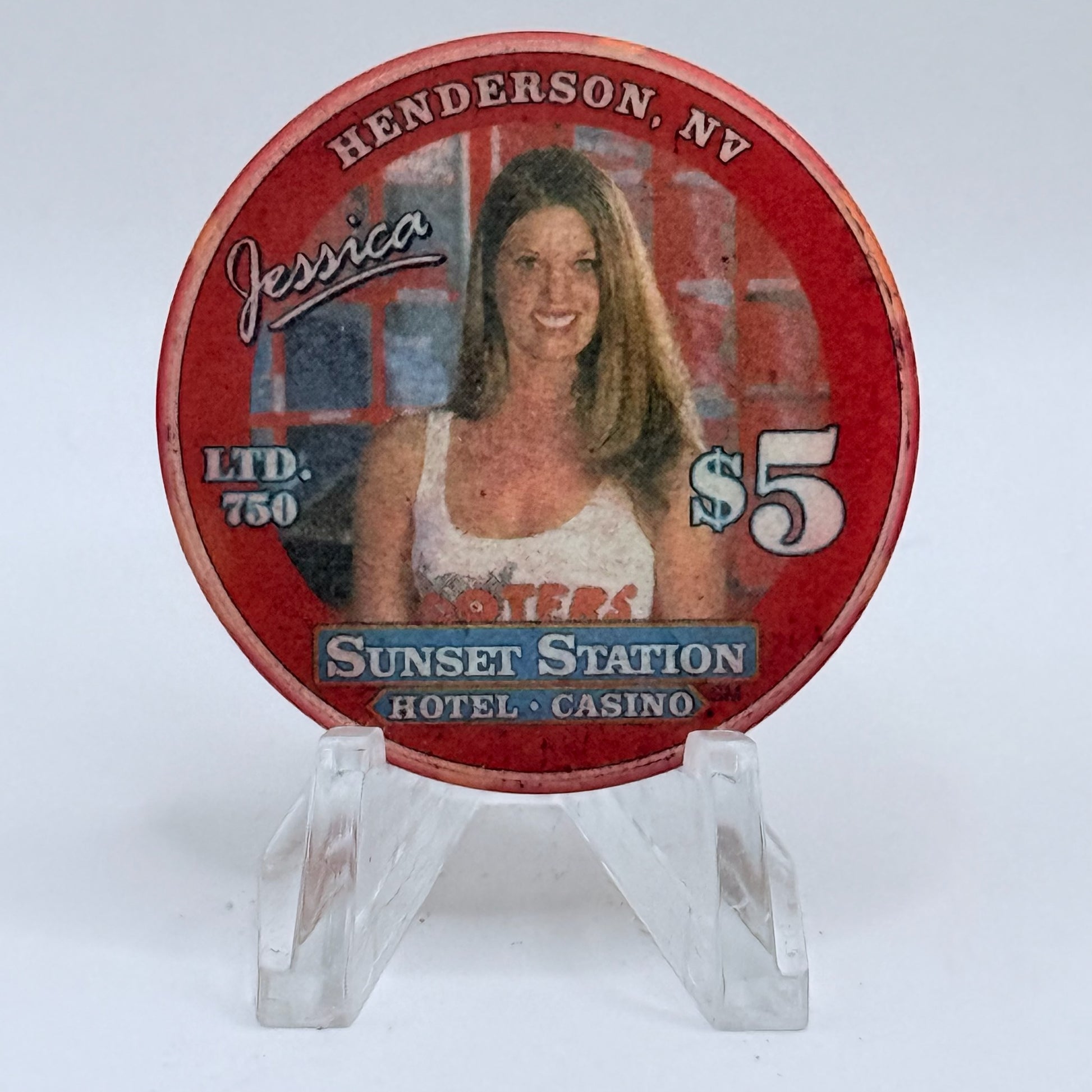 Sunset Station Henderson Nevada 2003 'Hooters Grand Opening - Jessica' LE $5 Casino Chip E2710