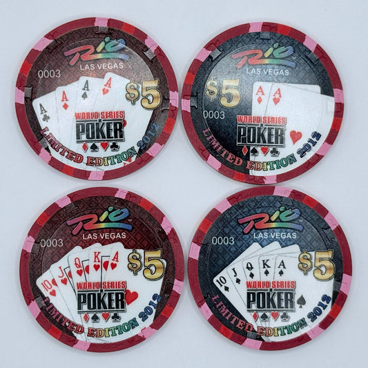 Rio Las Vegas Nevada 2012 'Matched Set of 4 chips, serial #0003' LE $5 Casino Chip D0682-D0685