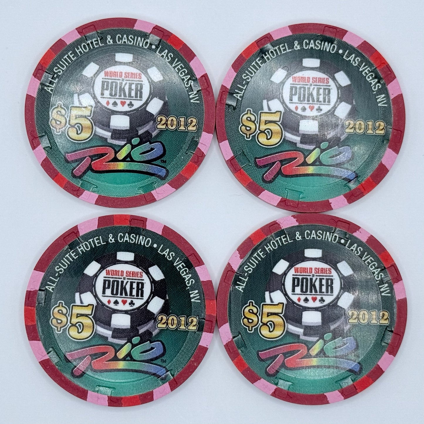 Rio Las Vegas Nevada 2012 'Matched Set of 4 chips, serial #0003' LE $5 Casino Chip D0682-D0685