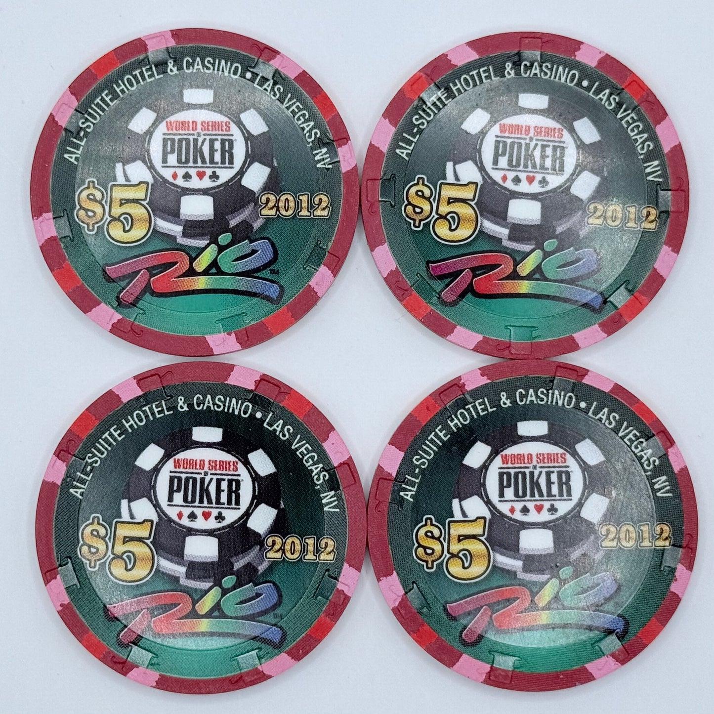 Rio Las Vegas Nevada 2012 'Matched Set of 4 chips, serial #0085' LE $5 Casino Chip D0682-D0685