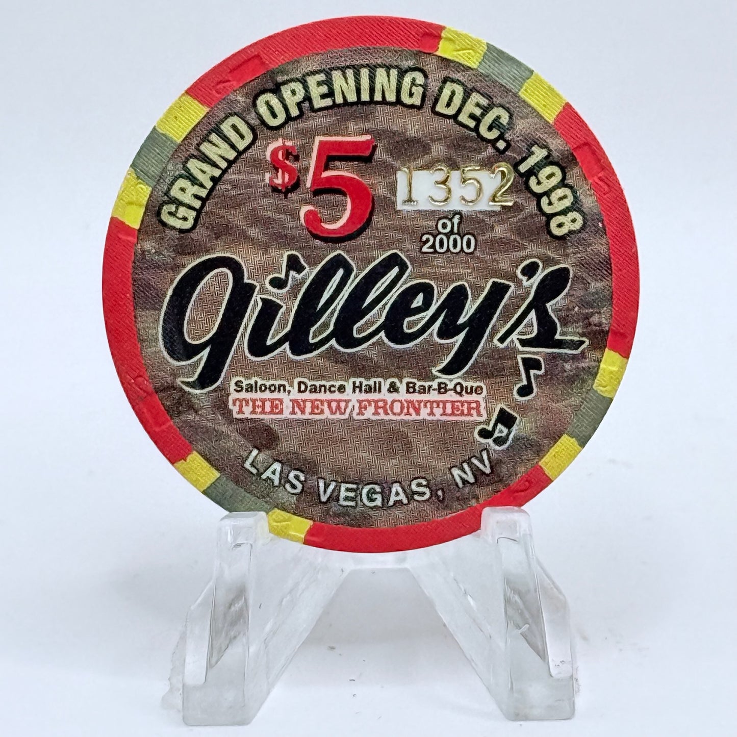 The New Frontier Las Vegas Nevada 1998 'Grand Opening Gilley's' LE $5 Casino Chip V2599
