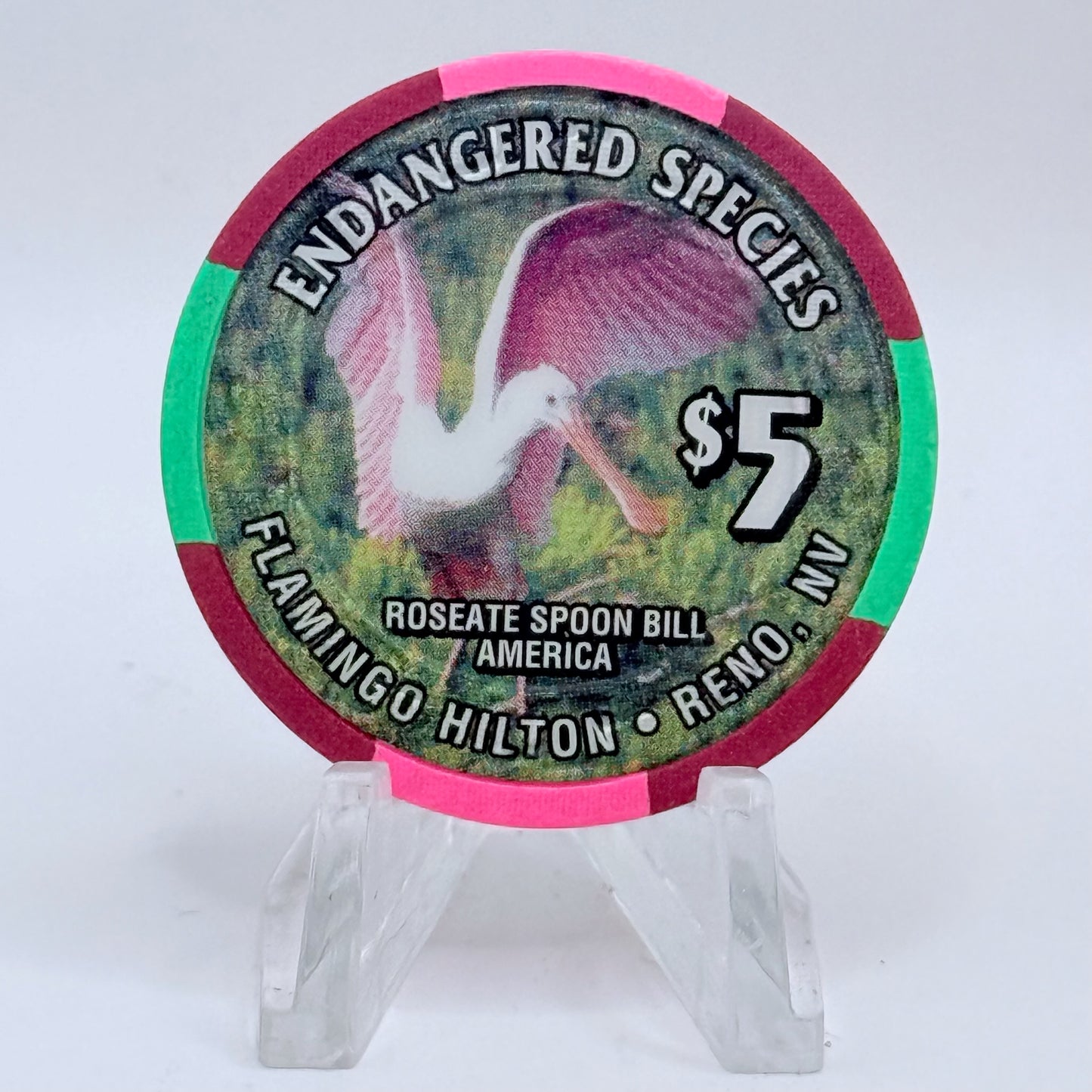 Flamingo Hilton Reno Nevada 1996 'Endangered Species - Roseate Spoon Bill' Series 10 LE $5 Casino Chip N8326