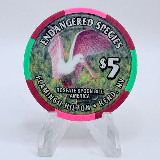 Flamingo Hilton Reno Nevada 1996 'Endangered Species - Roseate Spoon Bill' Series 10 LE $5 Casino Chip N8326