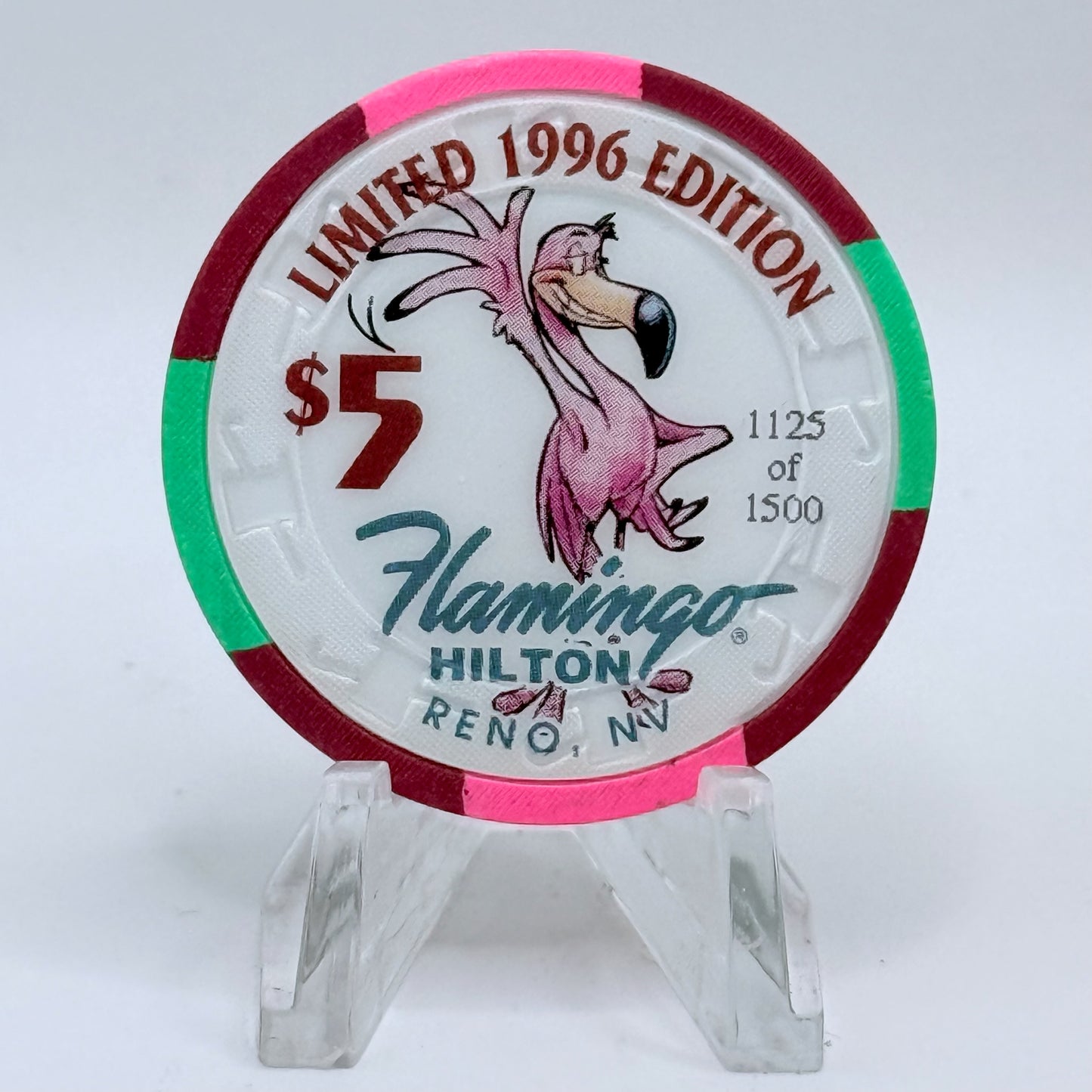 Flamingo Hilton Reno Nevada 1996 'Endangered Species - Roseate Spoon Bill' Series 10 LE $5 Casino Chip N8326