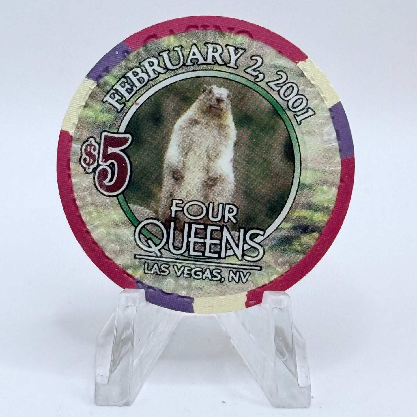 Four Queens Las Vegas Nevada 2001 'Happy Groundhog Day' LE $5 Casino Chip V6363