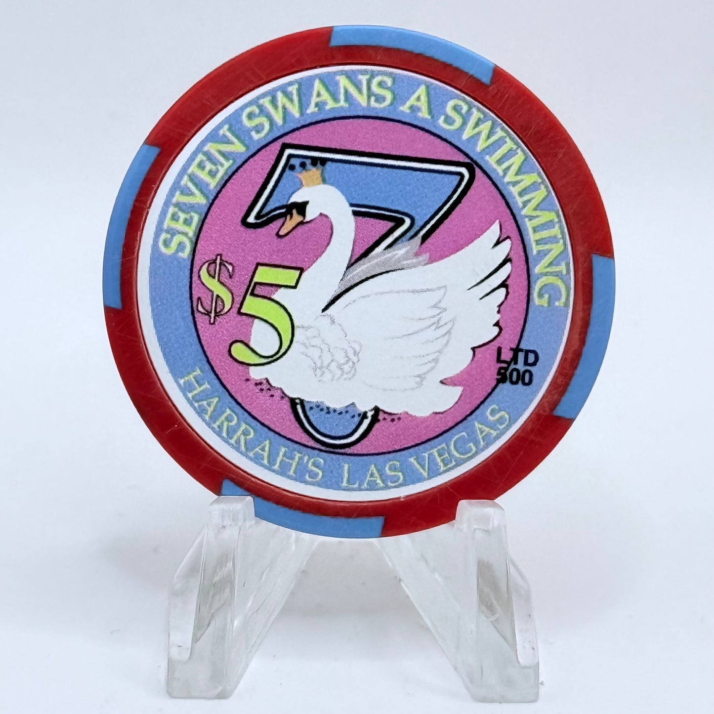 Harrah's Las Vegas Nevada 2003 'Seven Swans a Swimming' Series 2312 LE $5 Casino Chip E0947