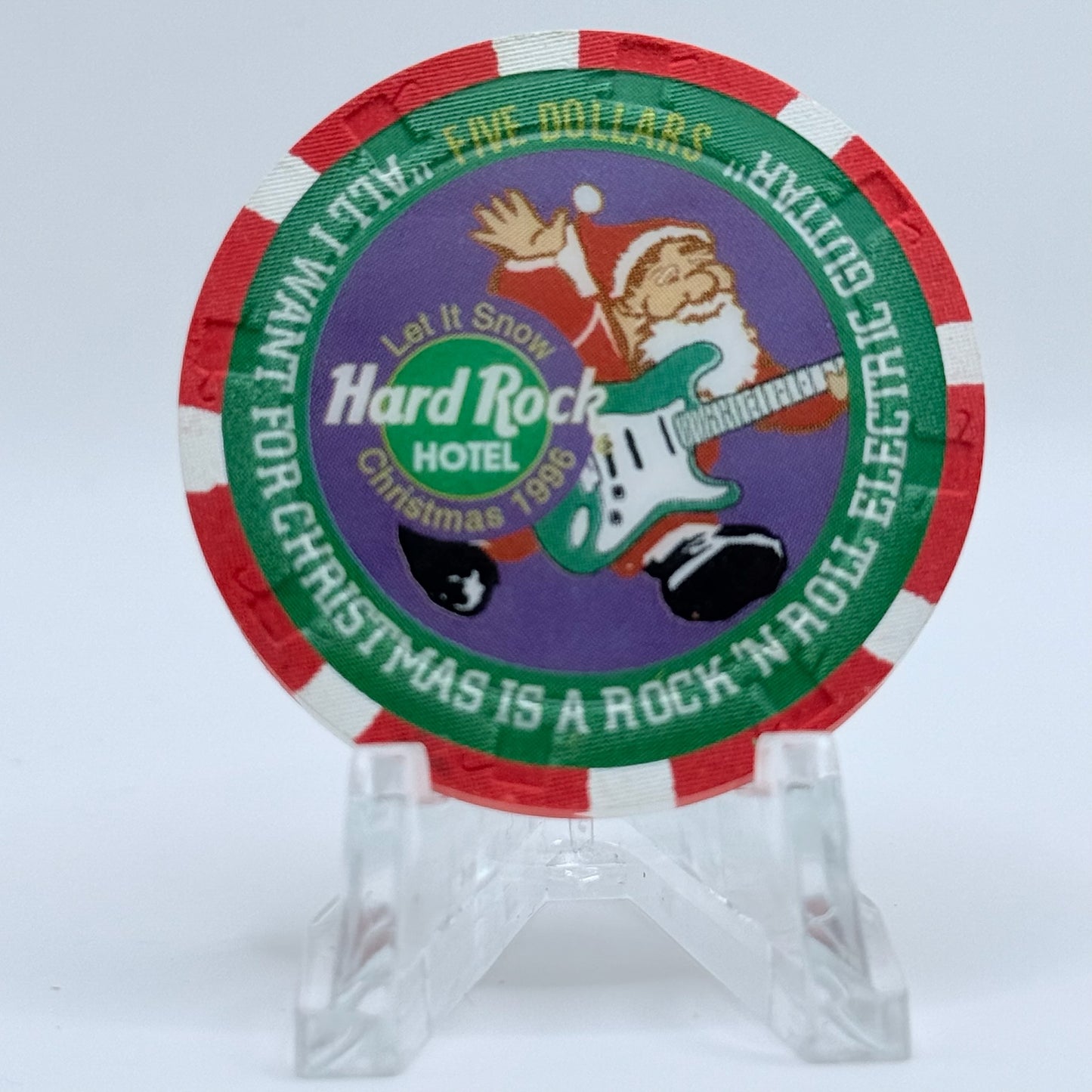Hard Rock - Las Vegas Las Vegas Nevada 1996 'All I want for Christmas is a Rock 'N Roll Electric Guitar' LE $5 Casino Chip N2690