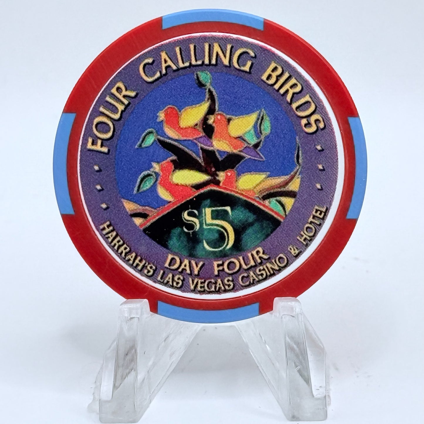 Harrah's Las Vegas Nevada 2002 'Fourth Day Of Christmas - Four Calling Birds' LE $5 Casino Chip E0923