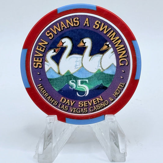 Harrah's Las Vegas Nevada 2002 'Seventh Day Of Christmas - Seven Swans A Swimming' LE $5 Casino Chip E0946