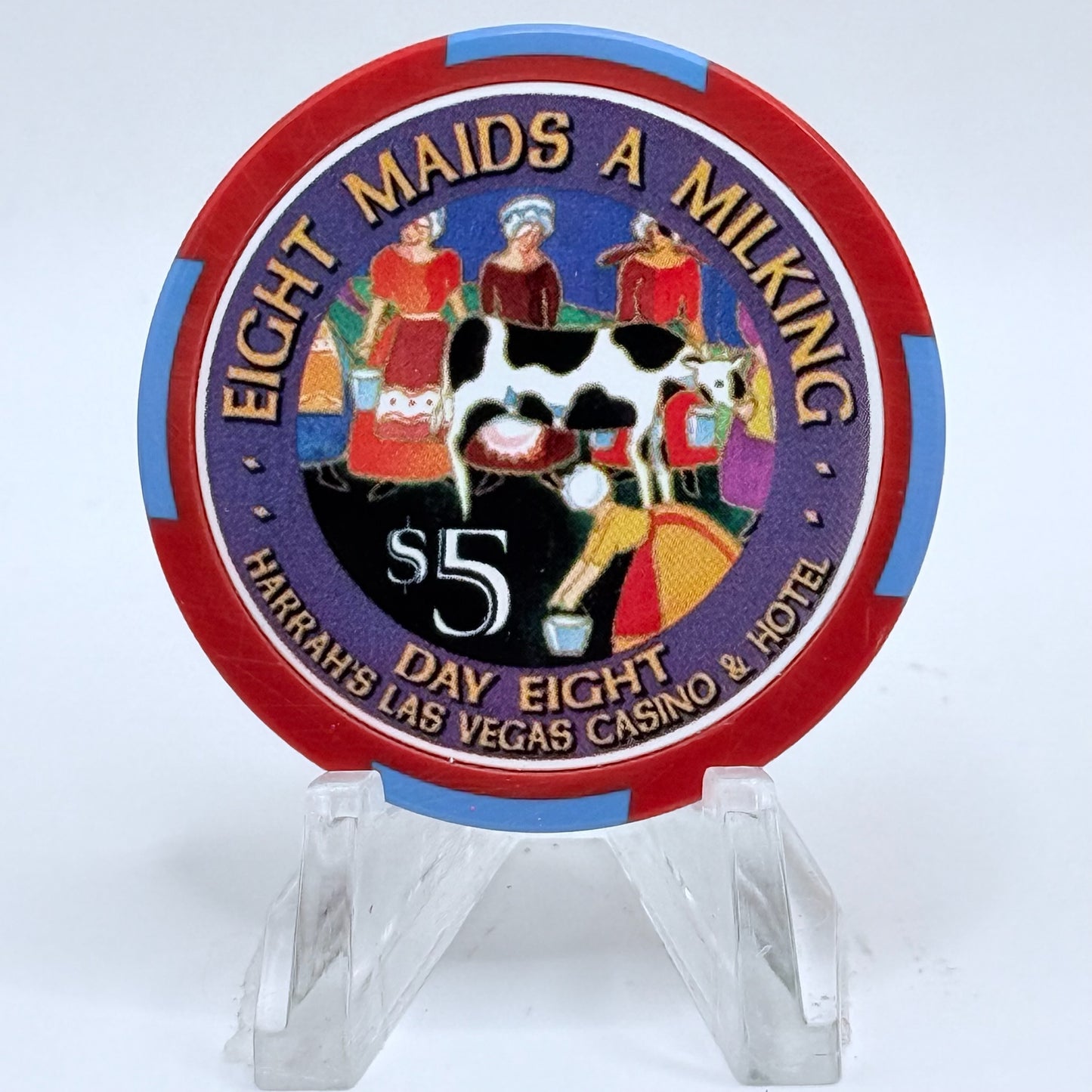 Harrah's Las Vegas Nevada 2002 'Eighth Day Of Christmas - Eight Maids A Milking' LE $5 Casino Chip E0957
