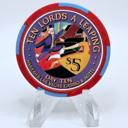 Harrah's Las Vegas Nevada 2002 'Tenth Day Of Christmas - Ten Lords A Leaping' LE $5 Casino Chip E0950