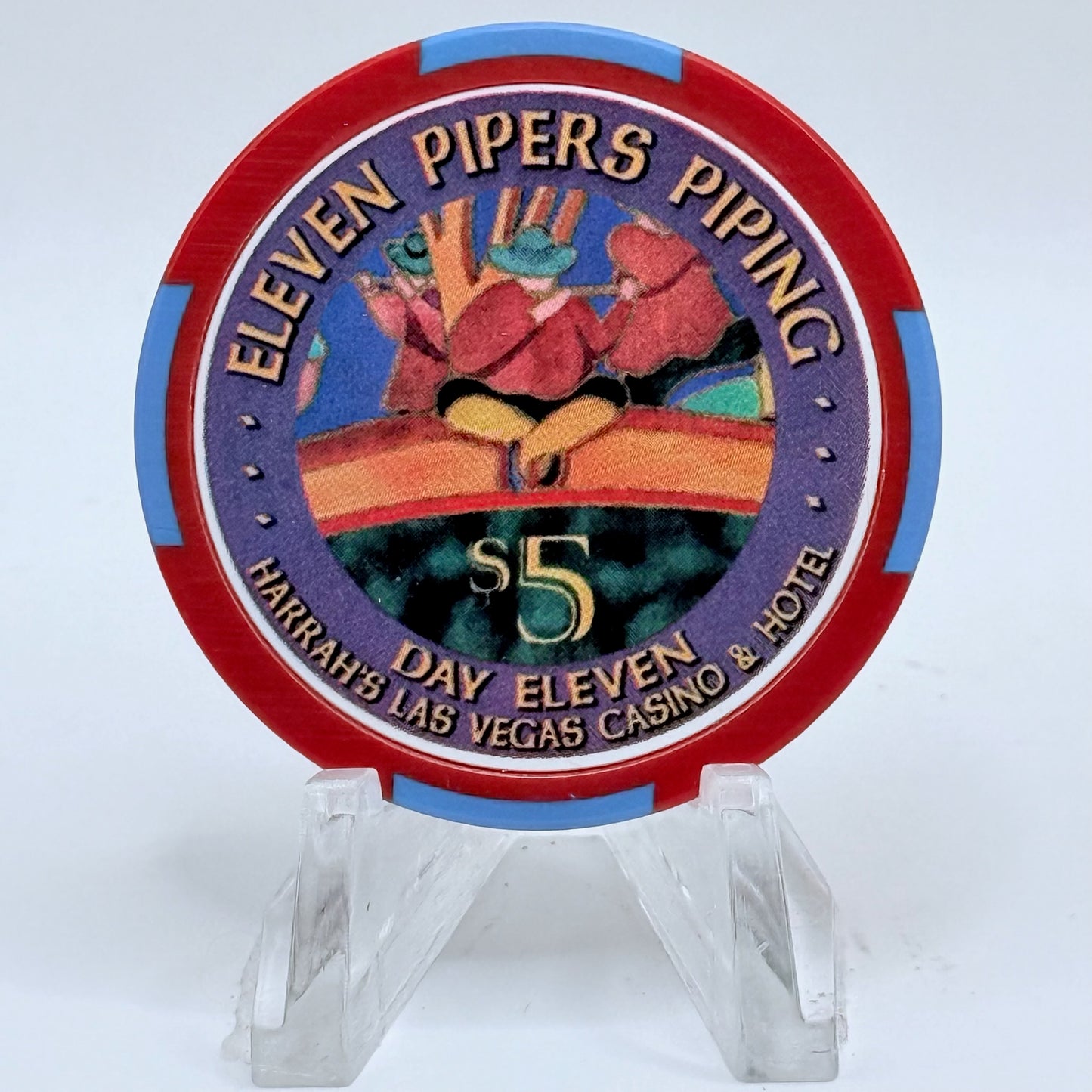 Harrah's Las Vegas Nevada 2002 'Eleventh Day Of Christmas - Eleven Pipers Piping' LE $5 Casino Chip E0919