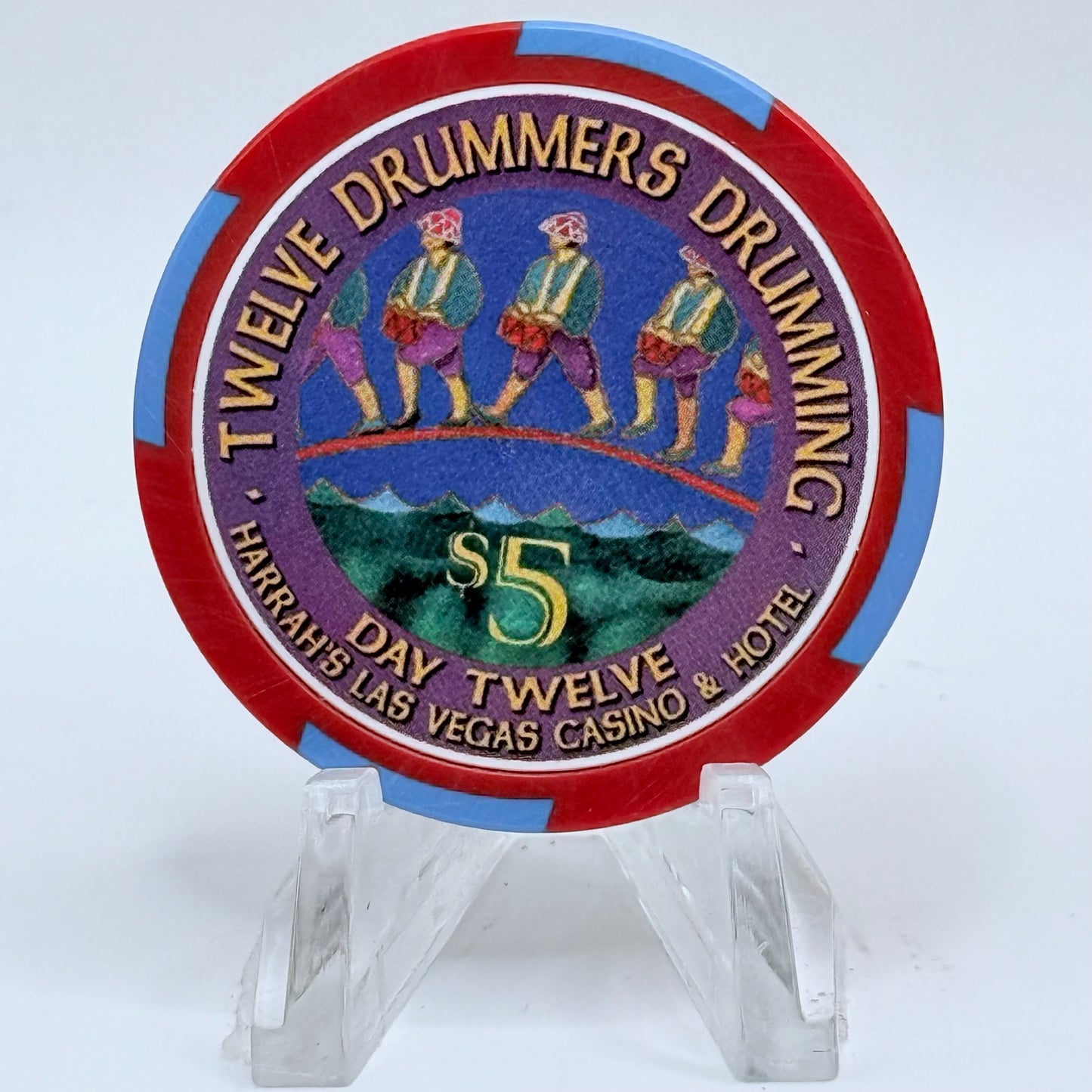 Harrah's Las Vegas Nevada 2002 'Twelveth Day Of Christmas - Twelve Drummers Drumming' LE $5 Casino Chip E0954