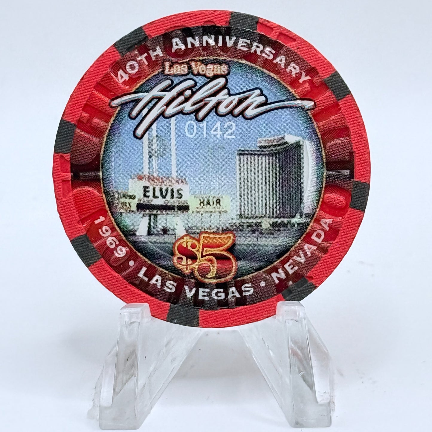 Las Vegas Hilton Las Vegas Nevada 2009 '40th Anniversary With Elvis Sign' LE $5 Casino Chip E9526