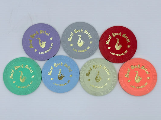 Hard Rock - Las Vegas Nevada 2005 'Set of 7 Roulette Chips - Saxophone' Series 225 Roulette Casino Chip E3380