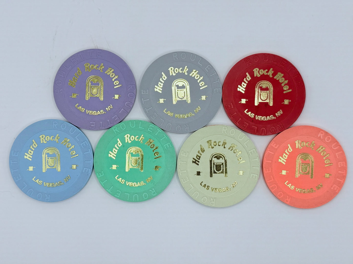 Hard Rock - Las Vegas Nevada 2005 'Set of 7 Roulette Chips - Jukebox' Series 223 Roulette Casino Chip E3340
