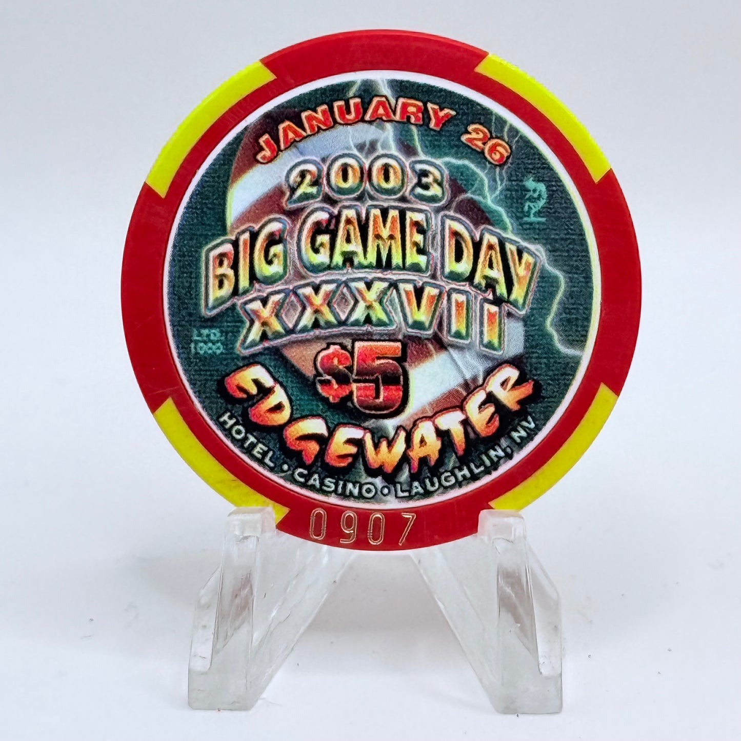 Edgewater Laughlin Nevada 2003 'Big Game Day - Superbowl XXXVII' LE $5 Casino Chip D0145