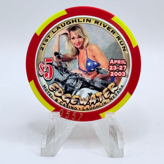 Edgewater Laughlin Nevada 2003 '21st Annual River Run ' LE $5 Casino Chip E4619
