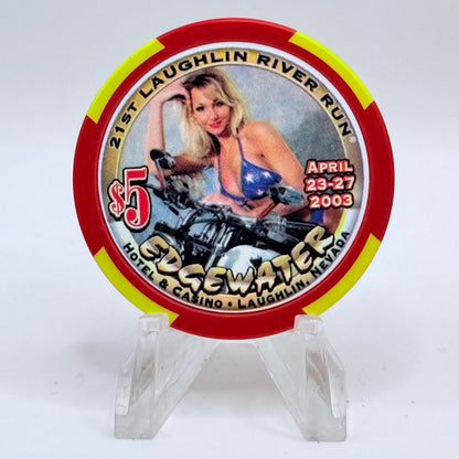 Edgewater Laughlin Nevada 2003 '21st Annual River Run ' LE $5 Casino Chip E4619