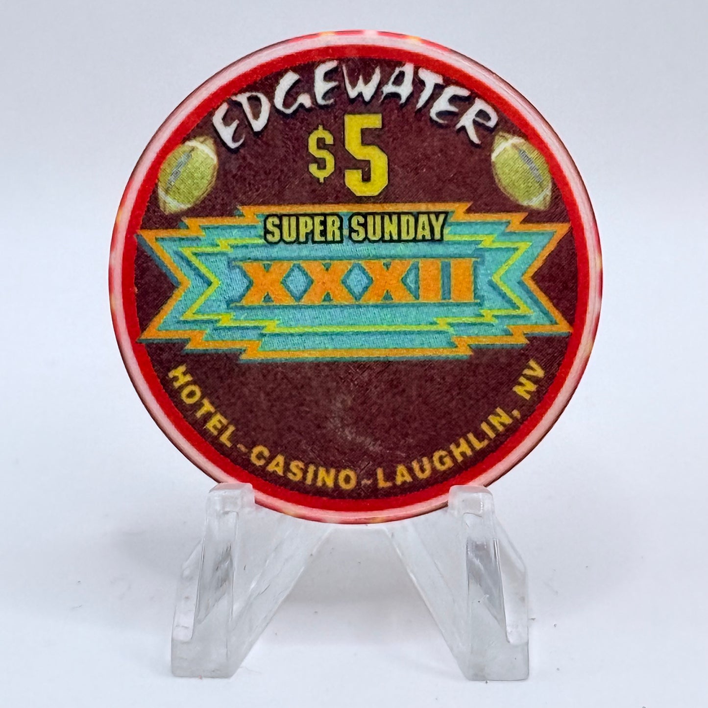 Edgewater Laughlin Nevada 1998 'Super Sunday - Superbowl XXXII' LE $5 Casino Chip N9581