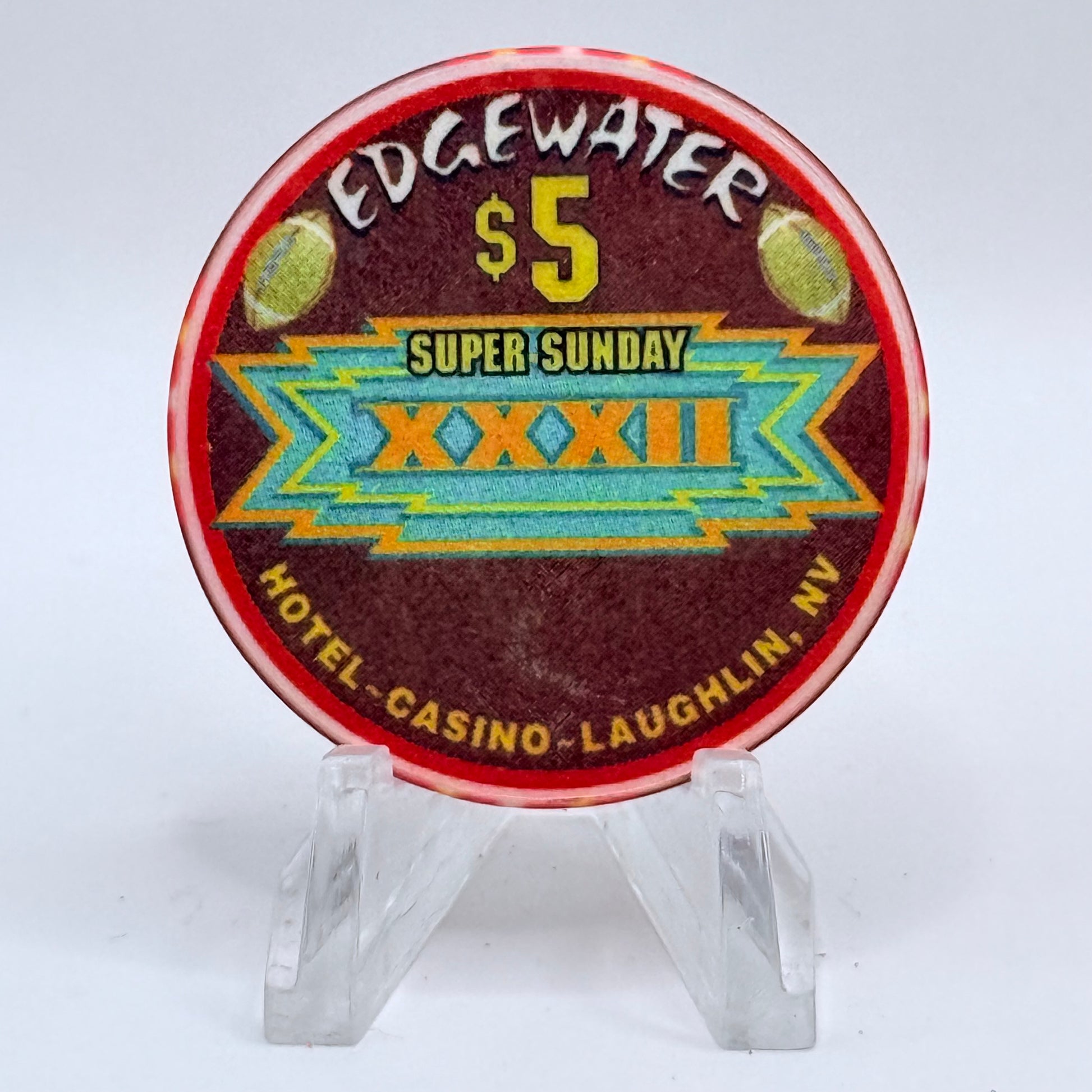 Edgewater Laughlin Nevada 1998 'Super Sunday - Superbowl XXXII' LE $5 Casino Chip N9581