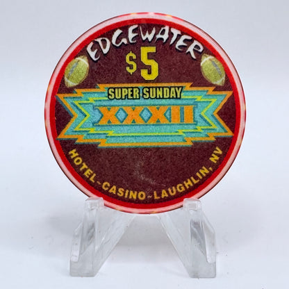 Edgewater Laughlin Nevada 1998 'Super Sunday - Superbowl XXXII' LE $5 Casino Chip N9581