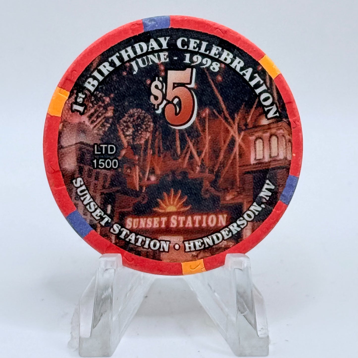 Sunset Station Henderson Nevada 1998 '1st Birthday Celebration' LE $5 Casino Chip V3494