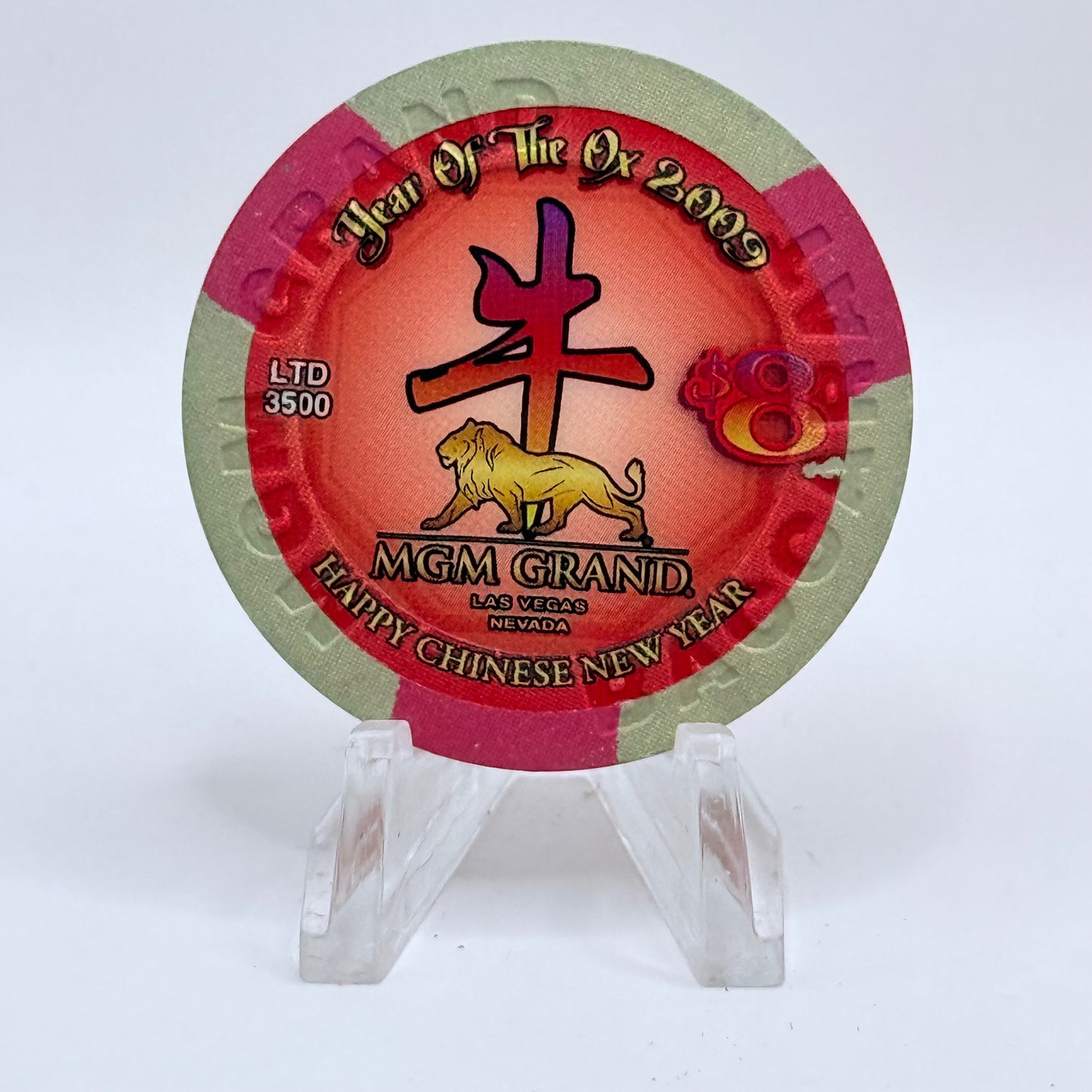 MGM Grand (Theme Hotel) Las Vegas Nevada 2009 'Year Of The Ox - Baccarat' LE $8 Casino Chip E8157