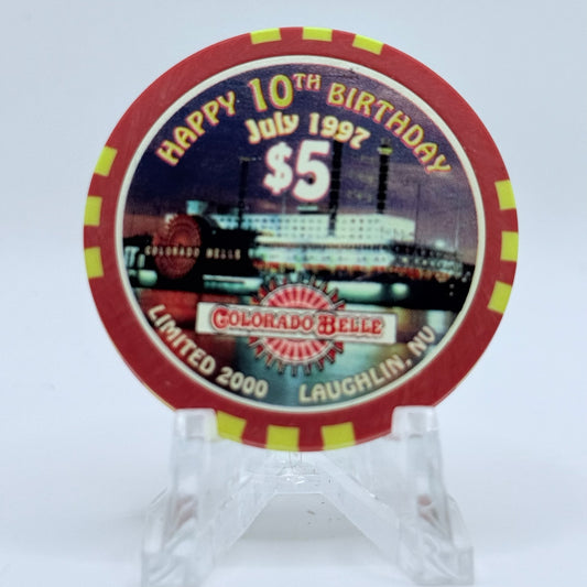 Colorado Belle Laughlin Nevada 1997 'Happy 10th Birthday' LE $5 Casino Chip N9505