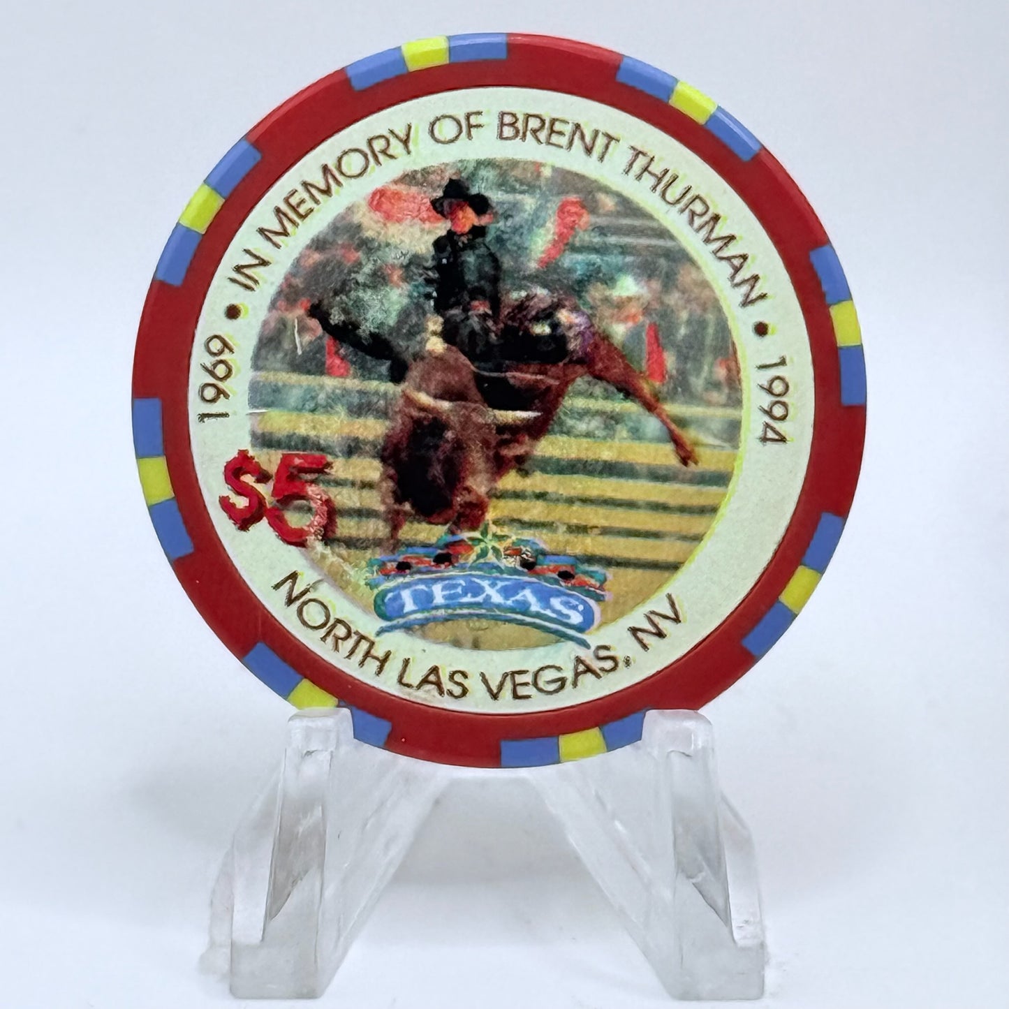 Texas Gambling Hall N. Las Vegas Nevada 1995 'In Memory Of Brent Thurman' LE $5 Casino Chip N0428