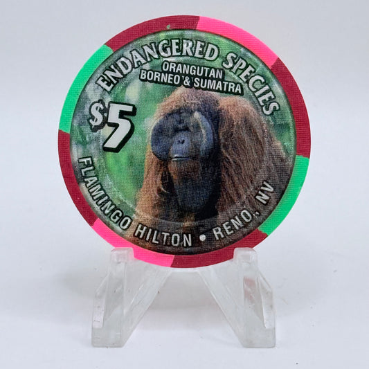 Flamingo Hilton Reno Nevada 1996 'Endangered Species - Orangutan' Series 10 LE $5 Casino Chip N8331