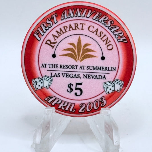 Rampart Casino Las Vegas Nevada 2003 'First Anniversary' LE $5 Casino Chip E2217