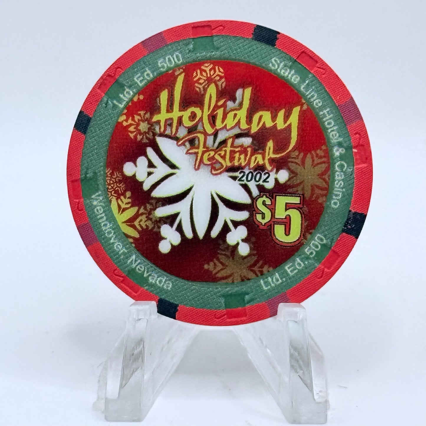 State Line Casino Wendover Nevada 2002 'Happy Holidays' LE $5 Casino Chip E2649