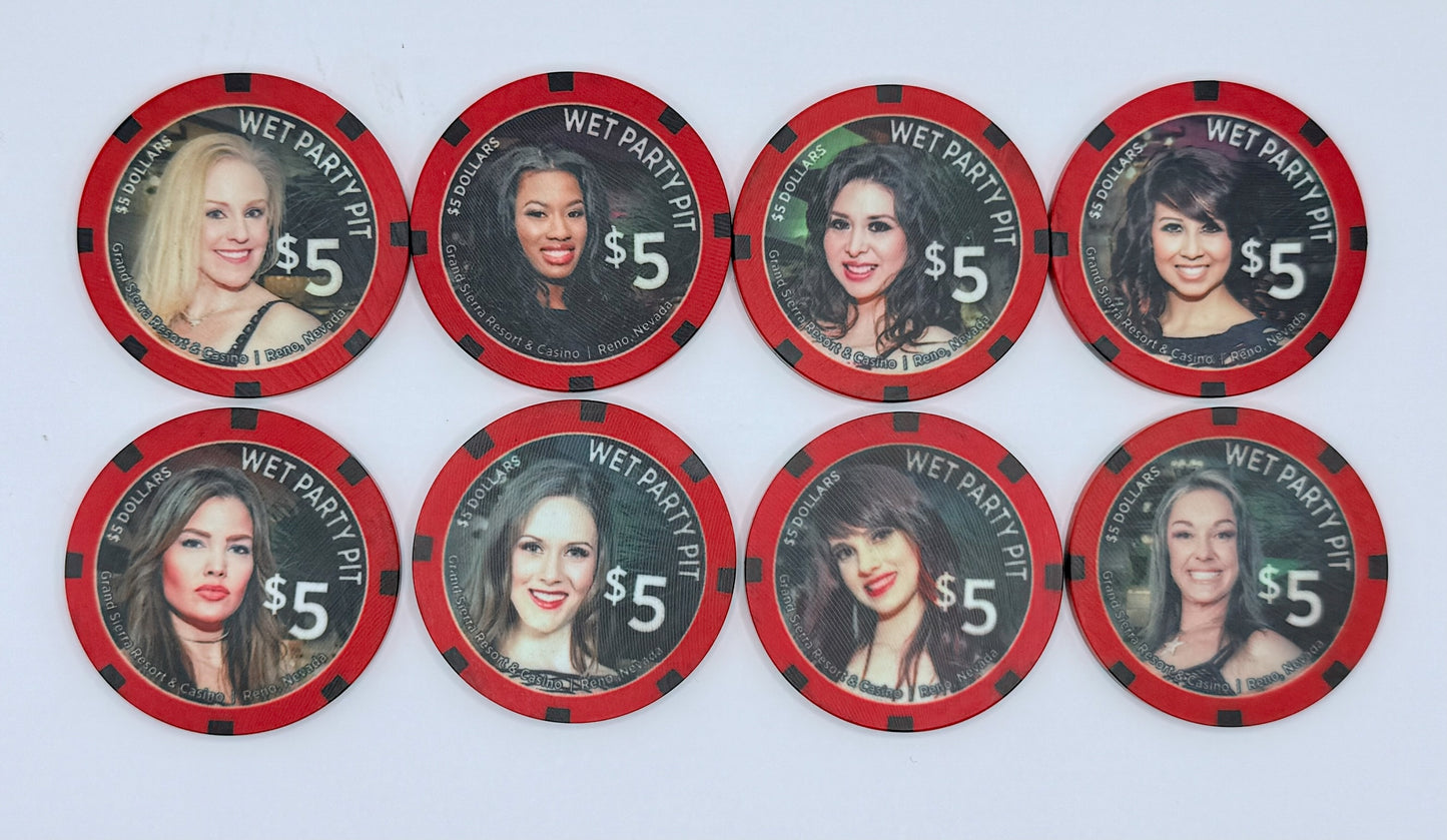 Grand Sierra Resort Reno Nevada 2014 'Set of 8 - Wet Pit Party Girls' LE $5 Casino Chip D1761