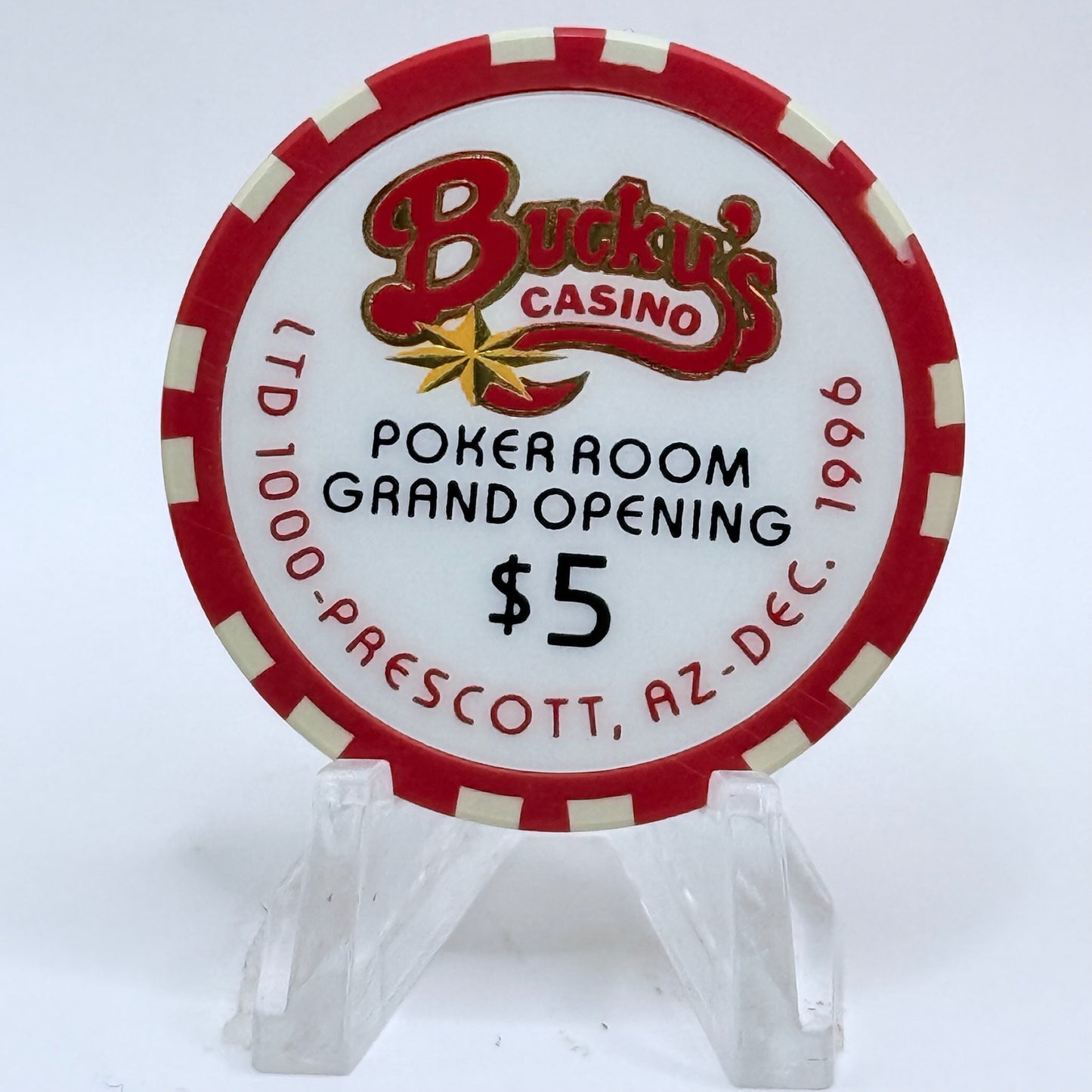 Bucky's Casino Prescott Arizona 1996 'Grand Opening' LE $5 Casino Chip