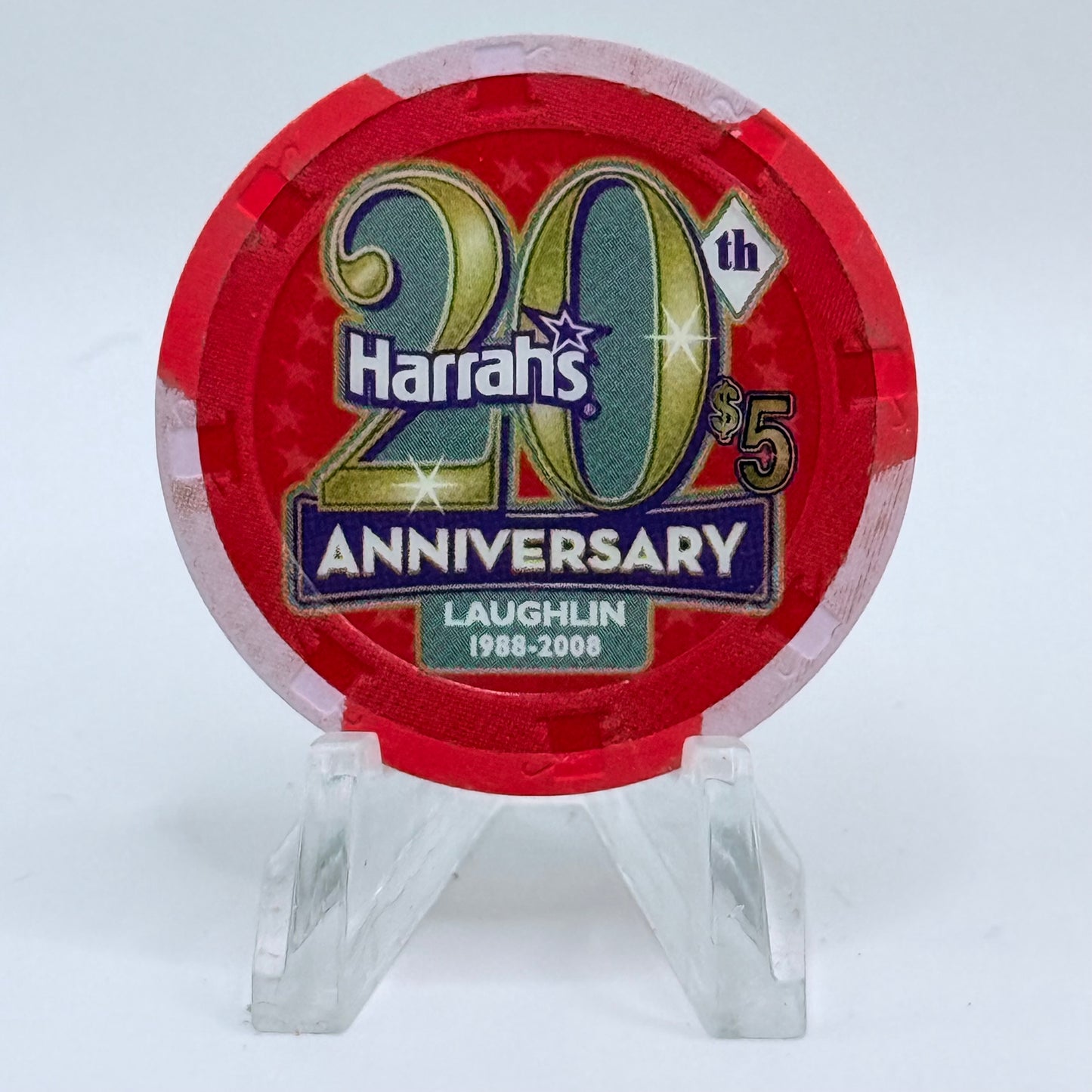 Harrah's Laughlin Nevada 2008 '20th Anniversary' LE $5 Casino Chip E8478