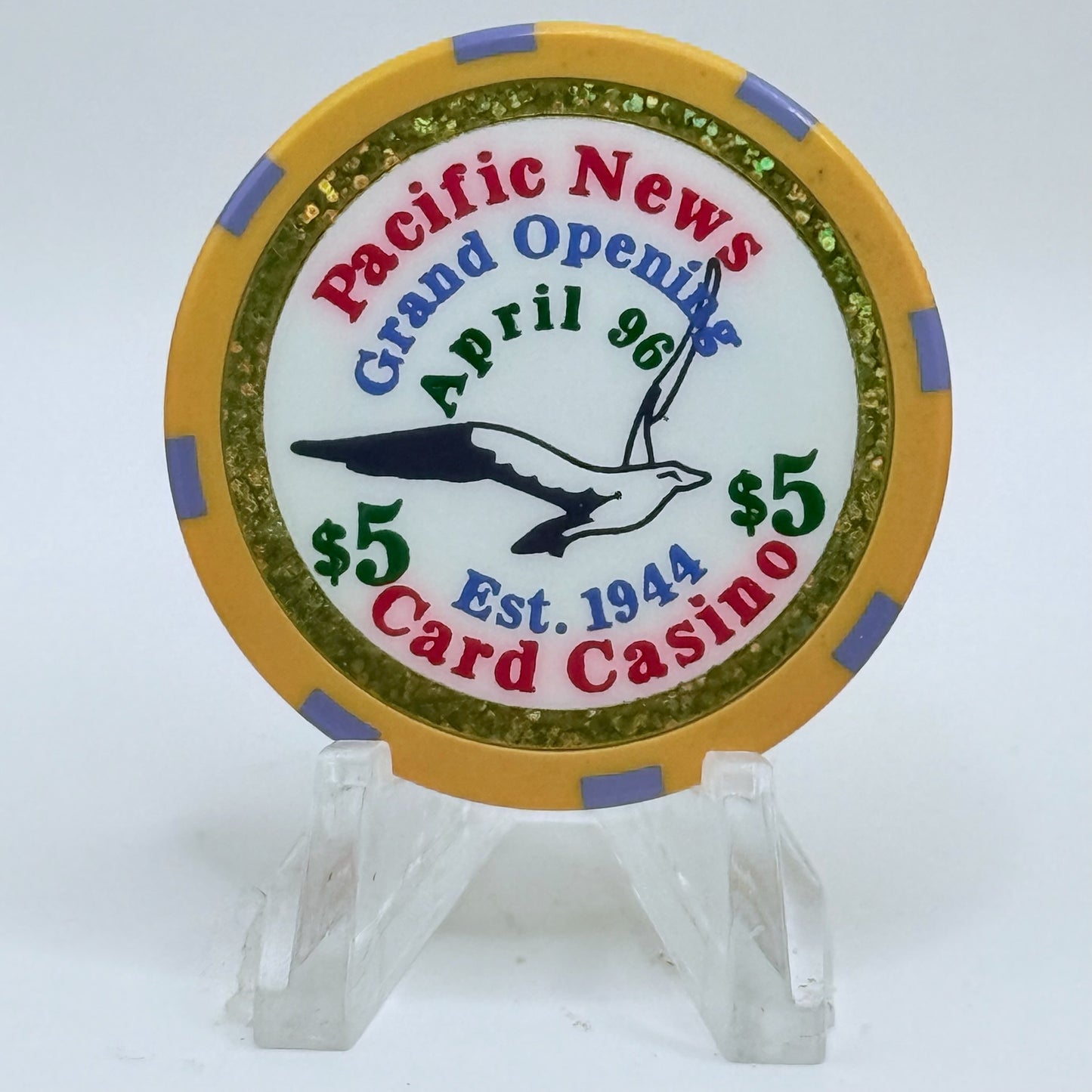 Pacific News Card Casino San Mateo California 1944 'Grand Opening' LE $5 Casino Chip