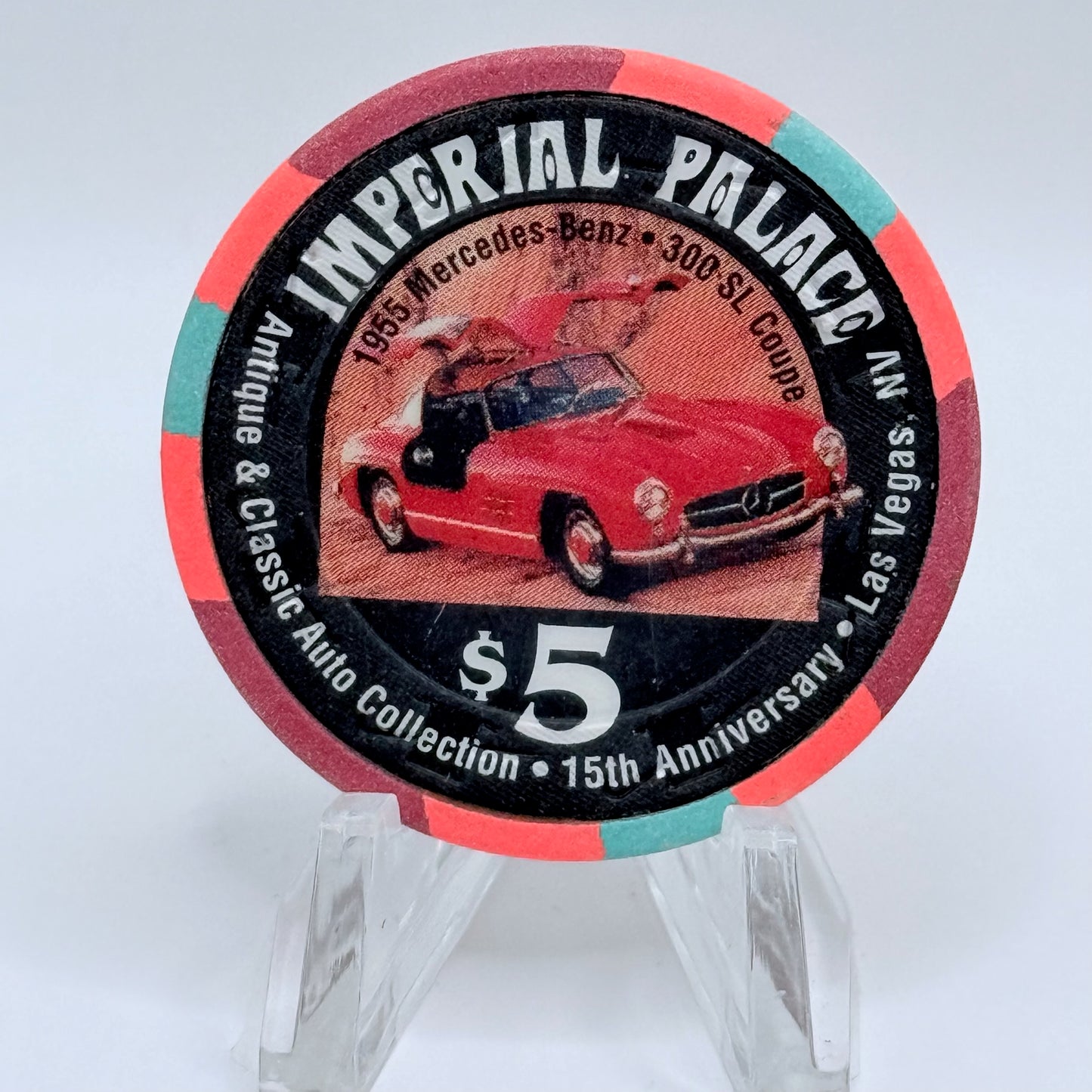 Imperial Palace Las Vegas Nevada 1996 'Antique & Classic Auto Collection - 15th Anniversary' LE $5 Casino Chip N8638