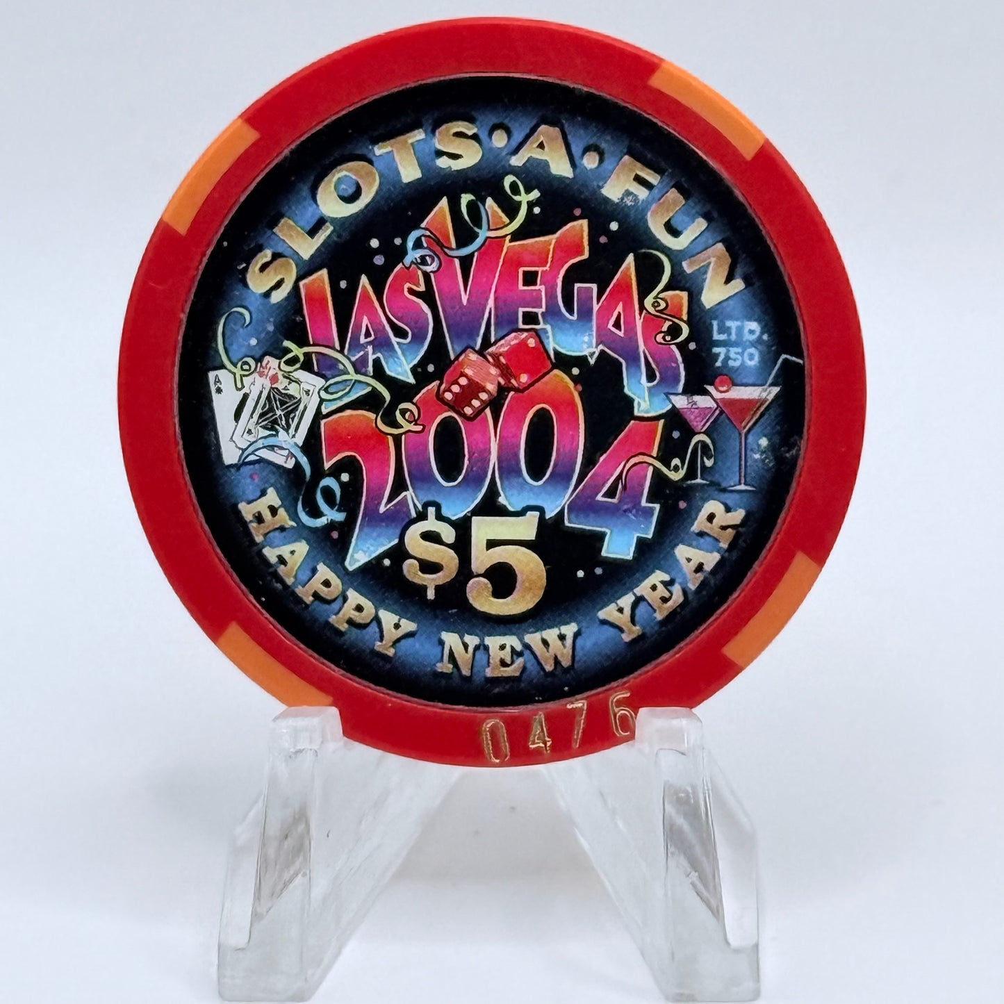 Slots-A-Fun Las Vegas Nevada 2004 'Happy New Year' LE $5 Casino Chip E2568