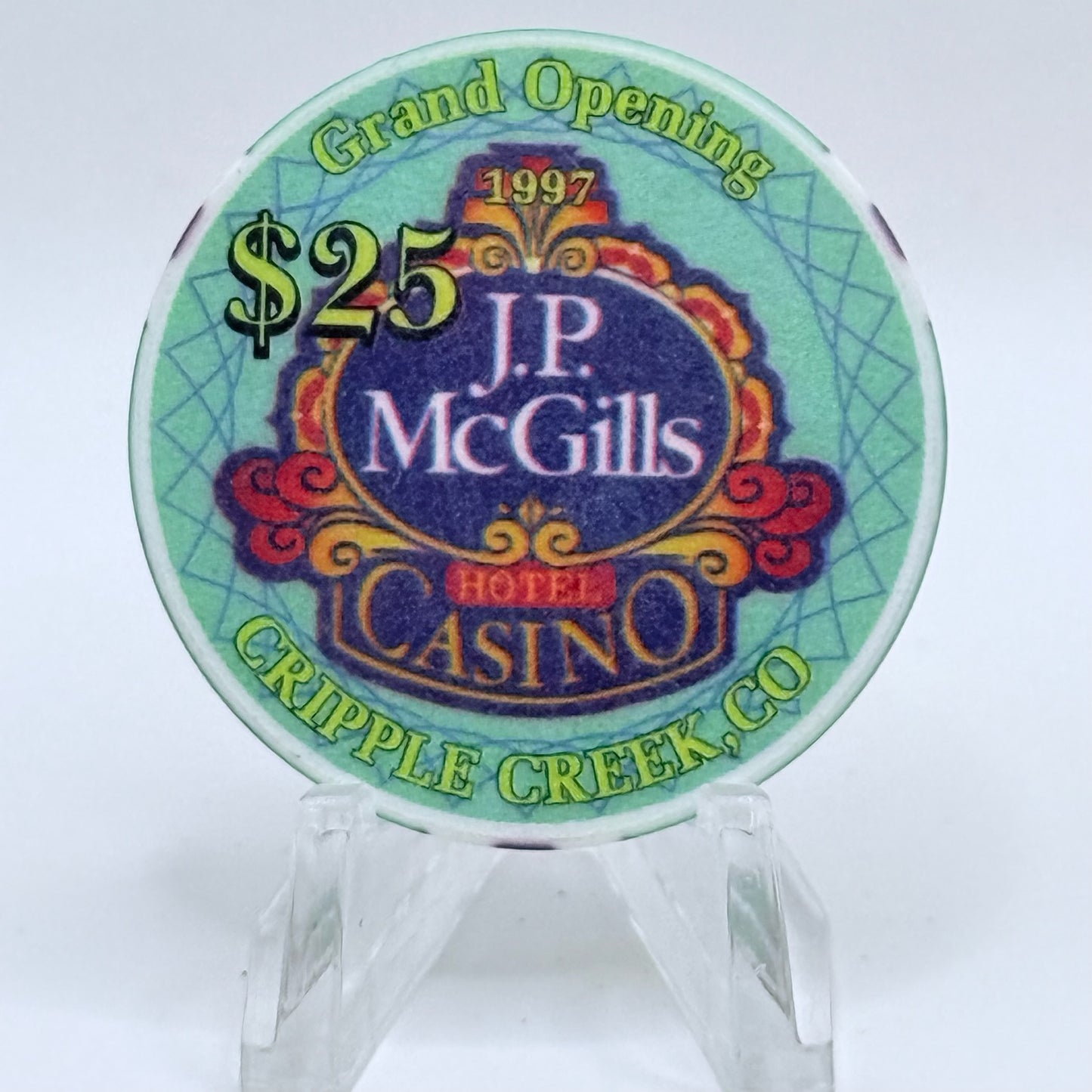J.P. McGill's Hotel & Casino Cripple Creek Colorado 1997 'Grand Opening' LE $25 Casino Chip