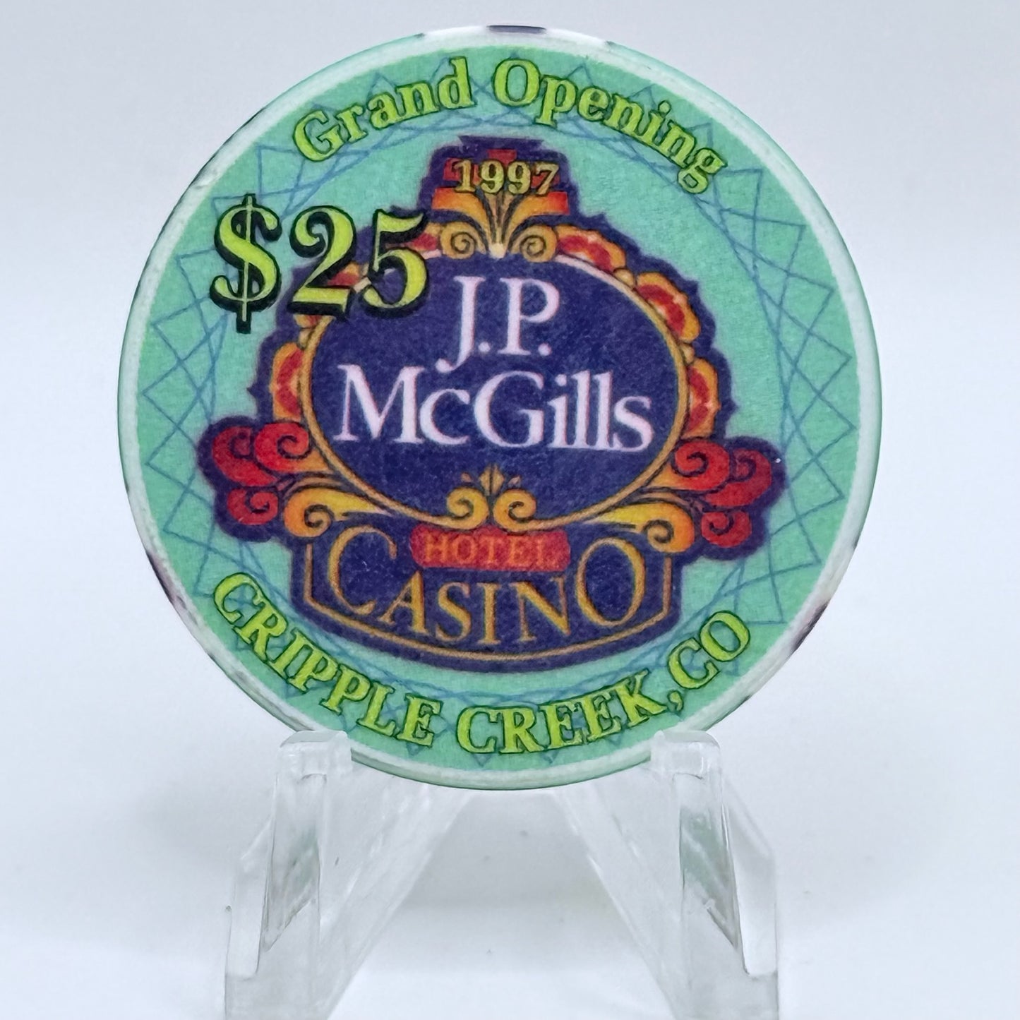 J.P. McGill's Hotel & Casino Cripple Creek Colorado 1997 'Grand Opening' LE $25 Casino Chip
