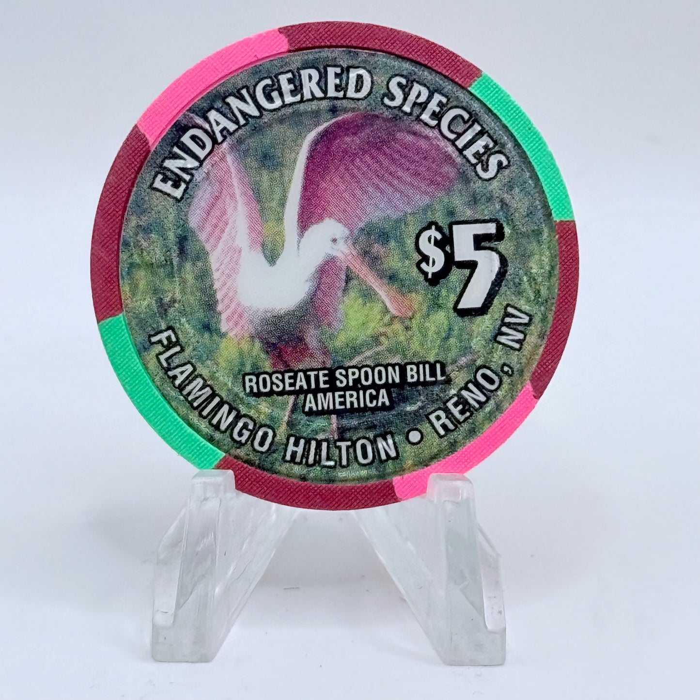 Flamingo Hilton Reno Nevada 1996 'Roseate Spoon Bill' Series 10 LE $5 Casino Chip N8326