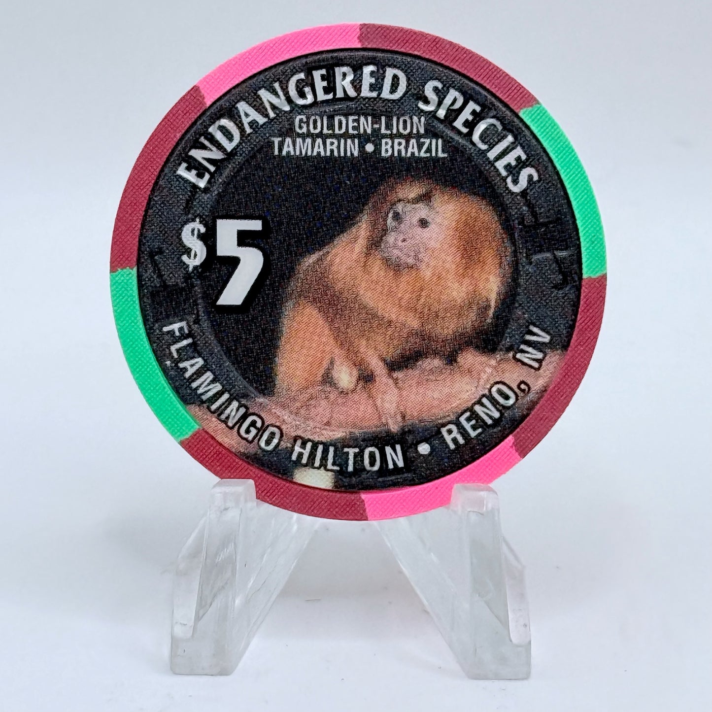 Flamingo Hilton Reno Nevada 1996 'Golden-Lion Tamarin' Series 10 LE $5 Casino Chip N8320