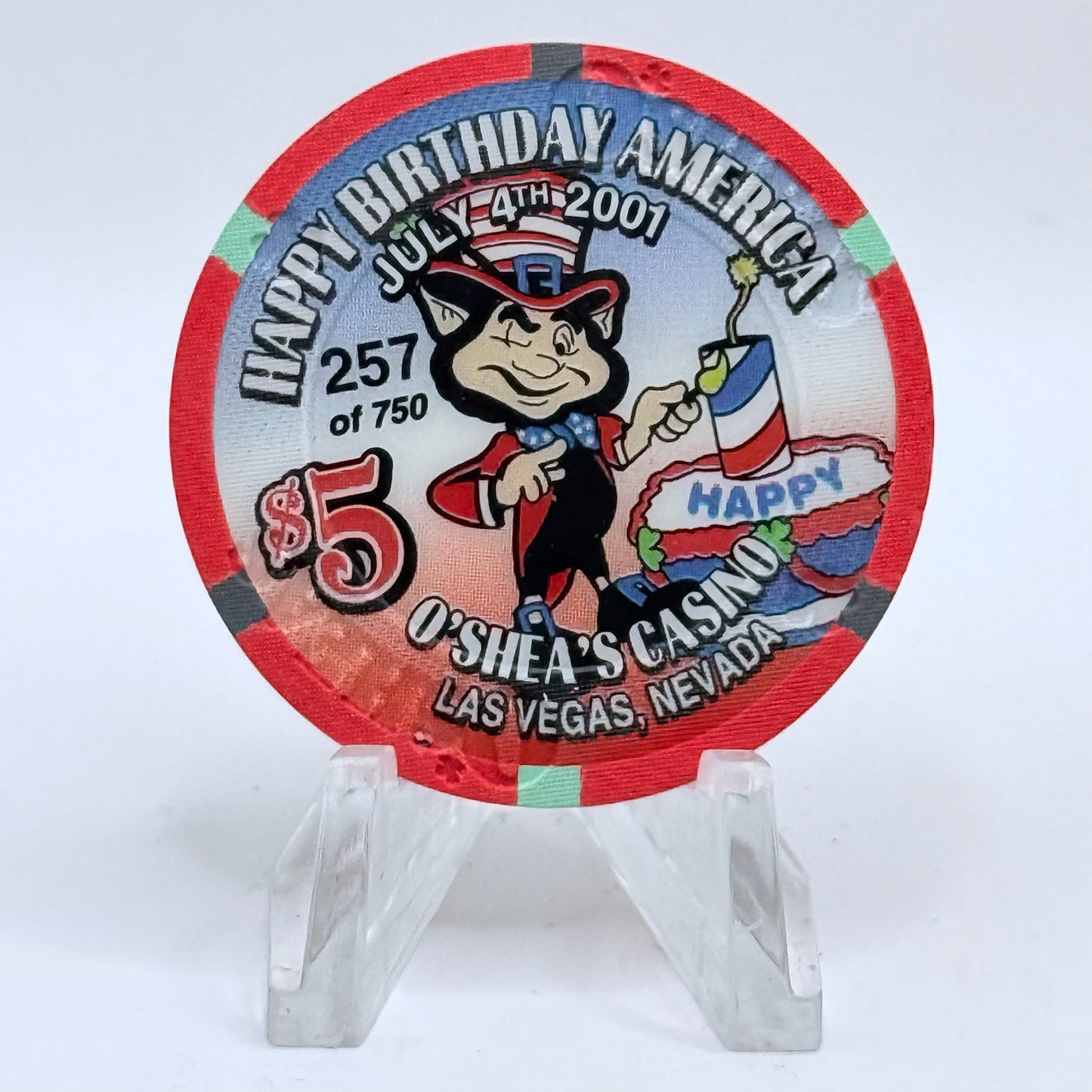 O'Sheas Las Vegas Nevada 2001 'July 4th' LE $5 Casino Chip V7079