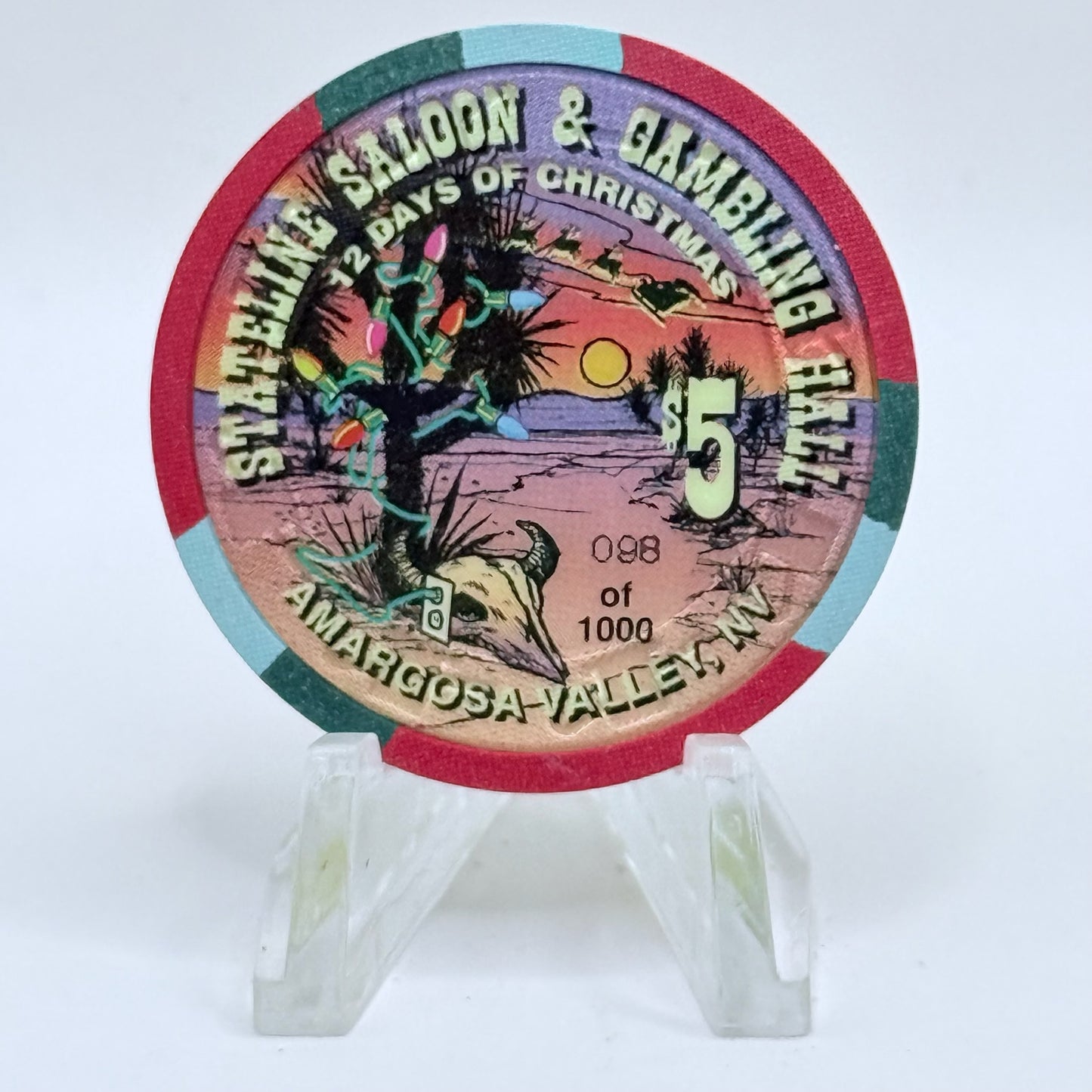 Stateline Saloon Amargosa Valley Nevada 1996 'Five Gold Rings - Christmas' Series 1 LE $5 Casino Chip N9168