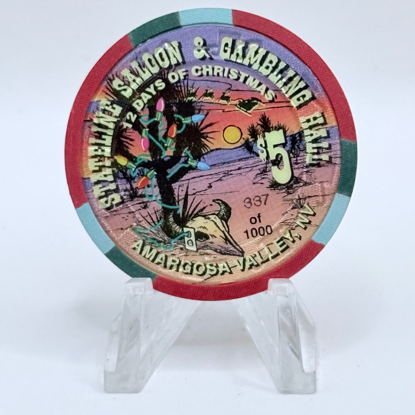 Stateline Saloon Amargosa Valley Nevada 1996 'Four Calling Birds - Christmas' Series 1 LE $5 Casino Chip N9167